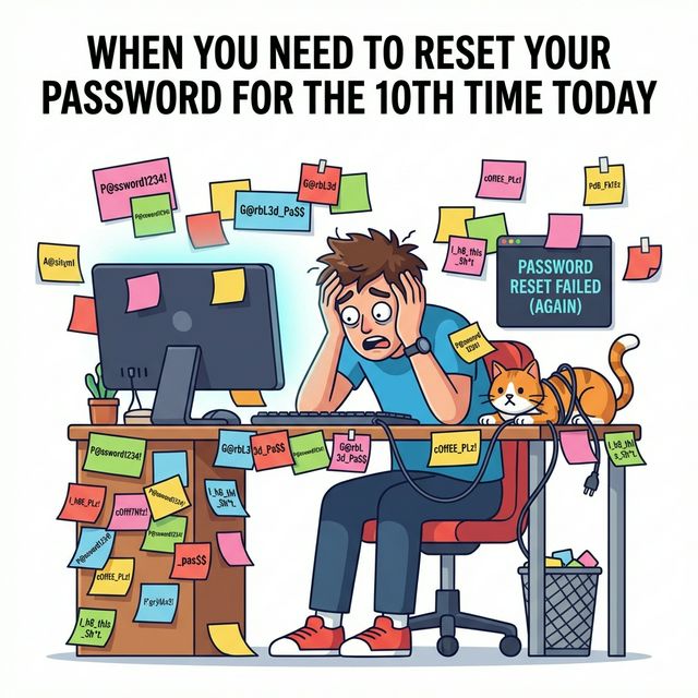 Meme showing a stressed developer surrounded by hundreds of colorful sticky notes with garbled passwords, clutching their head in despair.